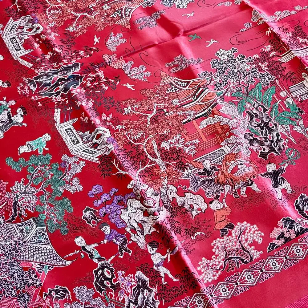Vintage Chinese Scenic Fringed Tablecloth 74x55 Red Satin Brocade Shawl Tapestry